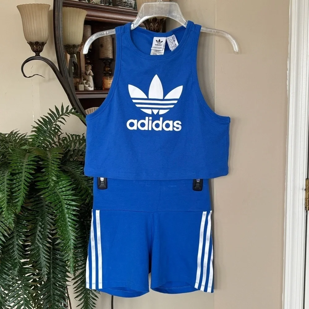 Adidas 2-Piece Blue & White 3-Stripe Racerback Tank Top & Shorts Workout Set - Picture 14 of 14